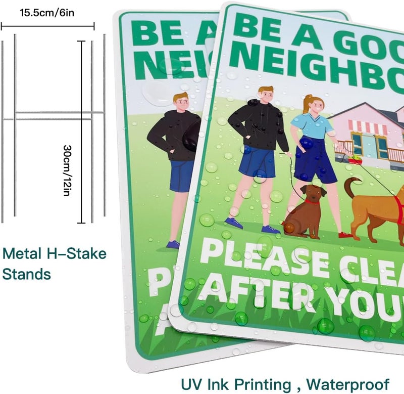 Philoch Clean Up After Your Dog Signs, 2 Pack 12"x9" with Metal H-Stakes Be a Good Neighbor No Pooping Dog Signs For Yard Double Sided Pick Up After Your Dog Signs - Image 4